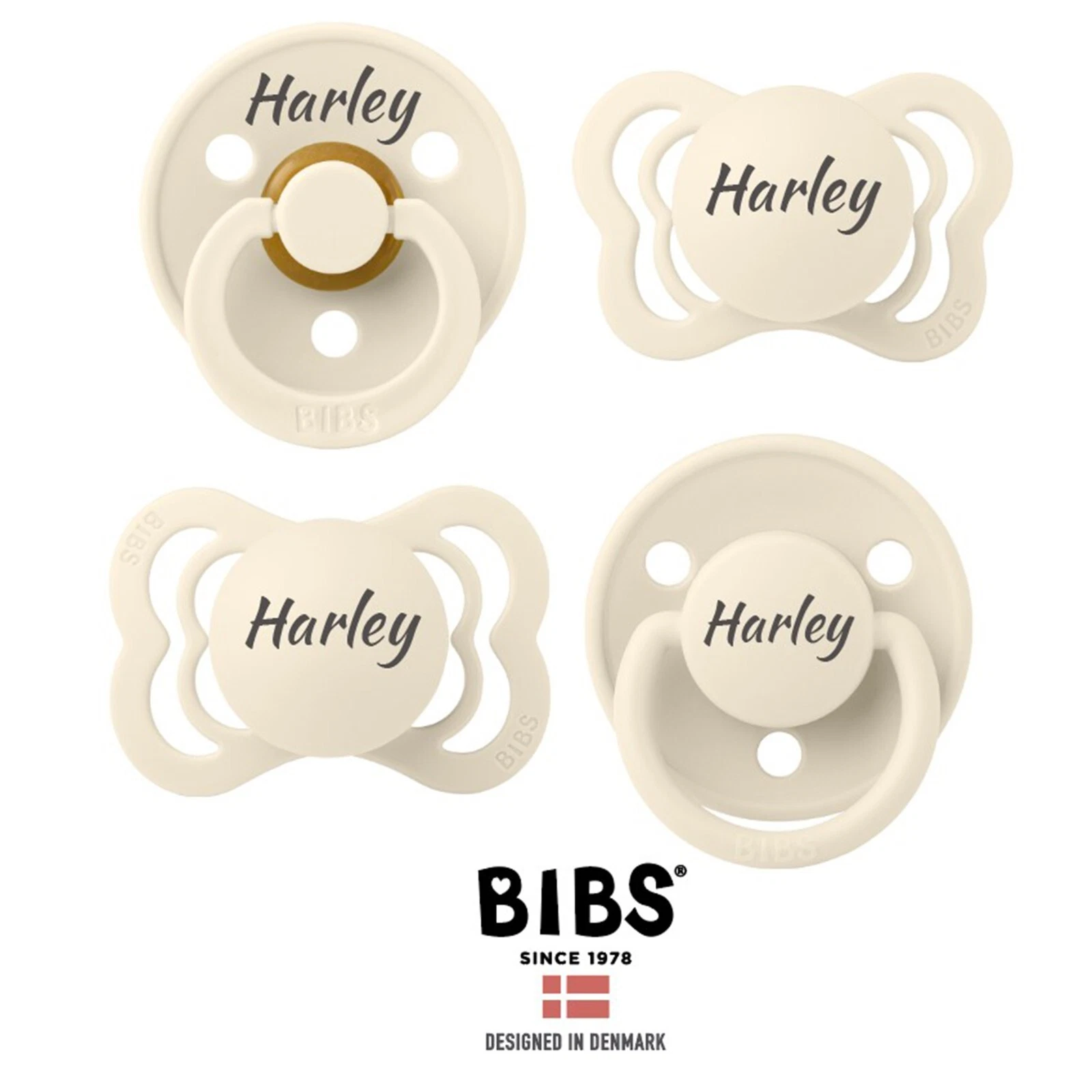 BIBS Personalised Try-it Soother 4-Pack, Round, Symmetrical and Orthodontic, 0+m