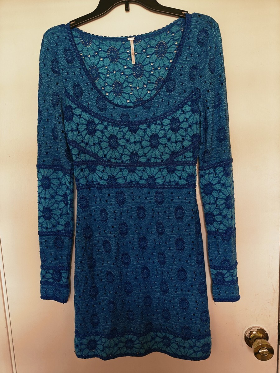 Free People Botanical Forest Floral Bodycon Knit Dress Blue Teal Size Small