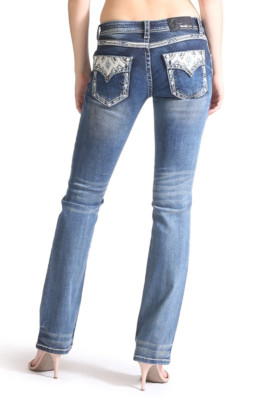 Grace in LA Women Bootcut Jeans Mid Rise Easy Fit Bold Stitch Faux Flap in Blue