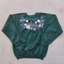 Vintage Crewneck Sweatshirt Green Beach Seashell Graphic Pullover Size Large