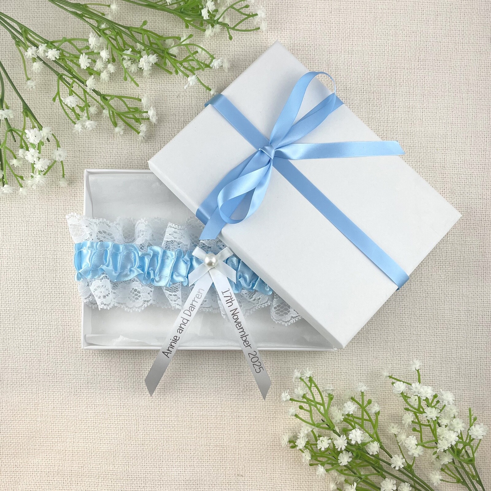 Personalised Garter - Baby Blue with Silver Text - Something Blue Wedding Bride
