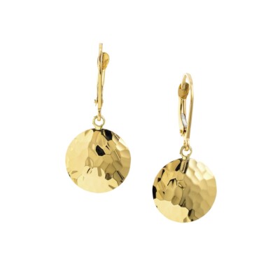 14K Yellow Gold Hammered Disk Earrings on Lever Back 1.90 grams