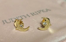 NWT Judith Ripka 14K Gold Plated Sterling White Topaz Crescent Moon Earrings