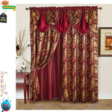 acquard Luxury Window 2 Panel Set Burgundy Gold Curtain with Attached Valance an