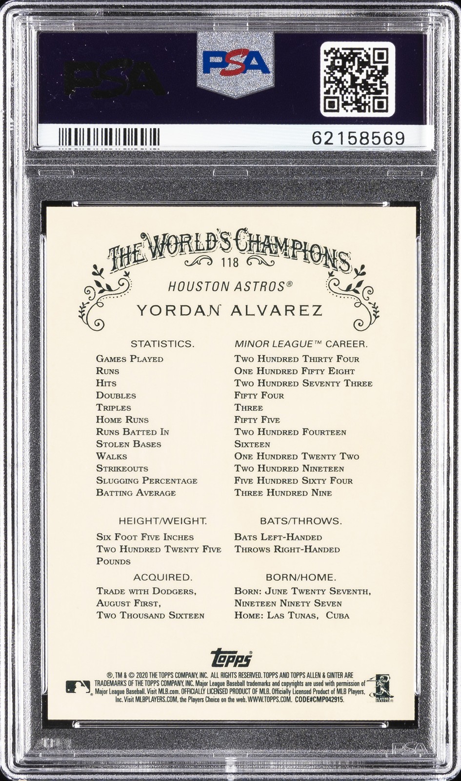 2020 TOPPS ALLEN & GINTER CHROME REFRACTOR YORDAN ALVAREZ ROOKIE RC PSA 10 view 2