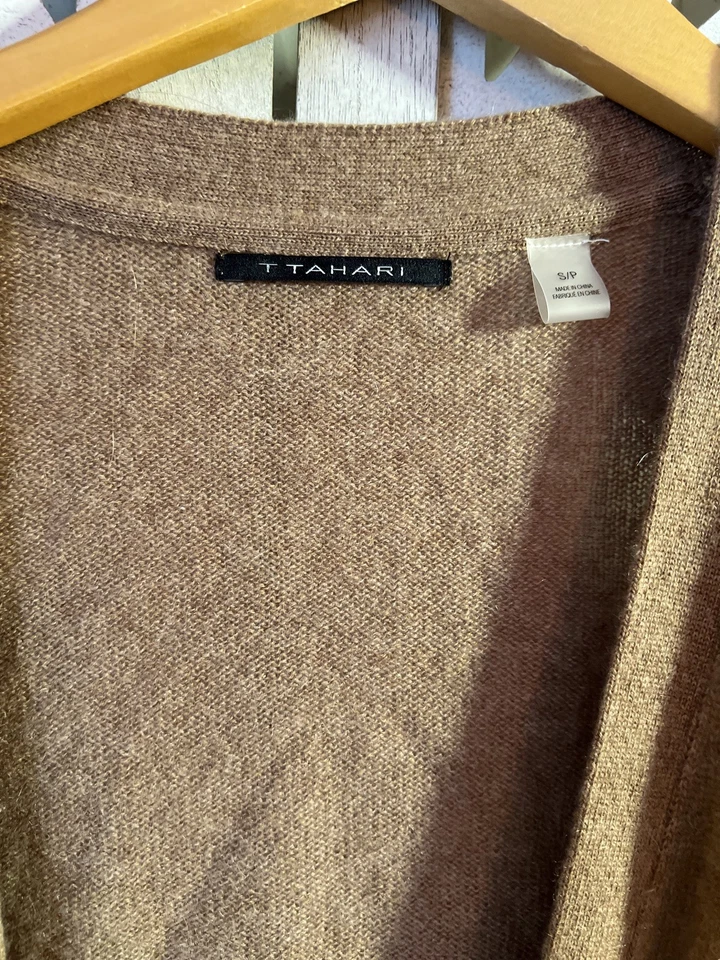 Cárdigan T Tahari Pure Luxe 100 % 2 capas de cachemir para mujer S suéter tostado con bolsillos Foto 4 de 4