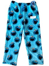 Cookie Monster LARGE FACES Blue Plush FLEECE LOUNGE PAJAMA PANTS Mens M L XL New