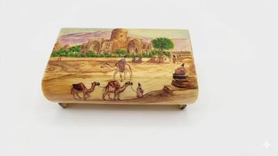 Persian Hand Painted Bone Trinket Box Miniature Art Desert Caravan Camel Mosque