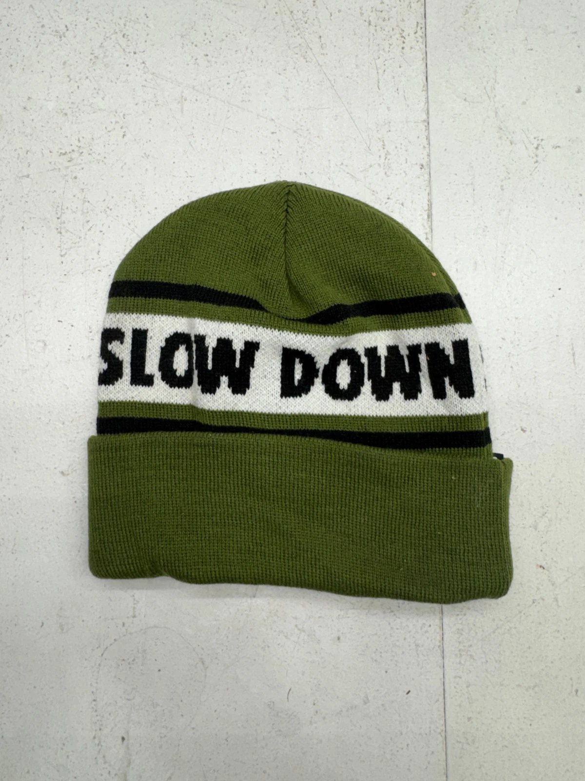 Solid Green White "Slow Down" Knit Beanie Unisex Adults One Size NEW