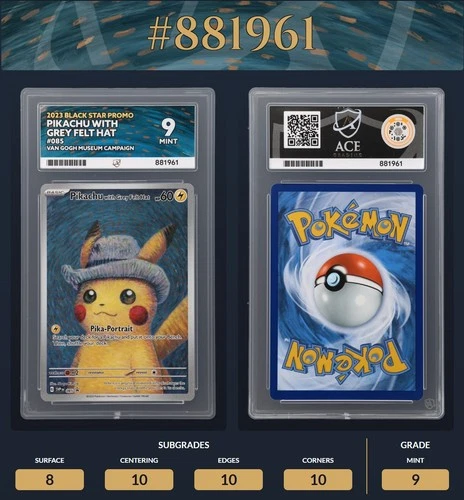 Pokemon TCG Pikachu Card with Grey Felt Hat Van Gogh Promo Ace 9 Not (PSA 9)