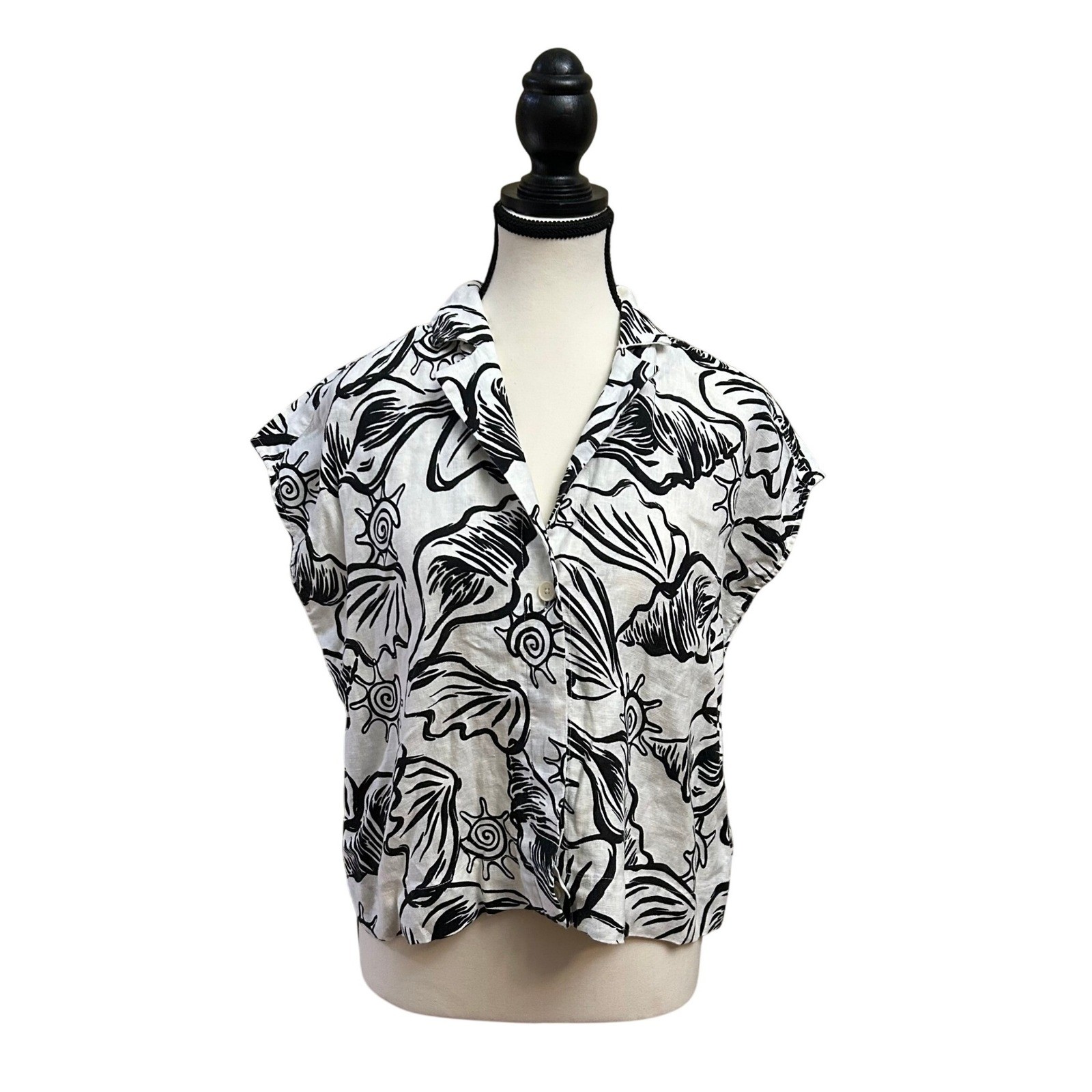 Madewell Linen Top White Black Seashell Print Cap Sleeve Button Front Small