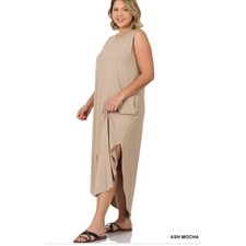 Zenana Plus Size Light Mocha Sleeveless Maxi Dress High Low Hem Pockets Size 2X