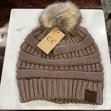 CC Stretch Beanie Exclusive Soft Cable Knit Faux Fur Pom Pom Hat One Size NEW