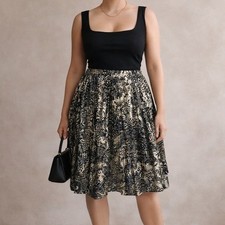 Vintage Marnie West L Black Gold Metallic Abstract Pleated Skirt Elastic Waist