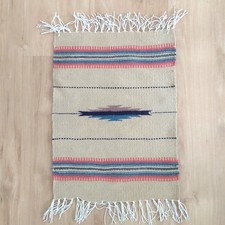 Vintage Handwoven Wool Chimayo Rug diamond blue black purple 24"x14"