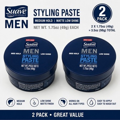 Suave Men Styling Paste 2 Pack Medium Hold Low Shine Matte Finish 1.75oz 49g Eac