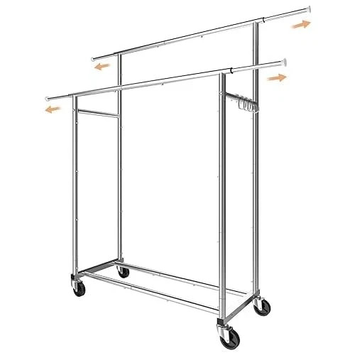 Simple Double Rod Clothing Garment Rack, Rolling Clothes Organizer on Wheels