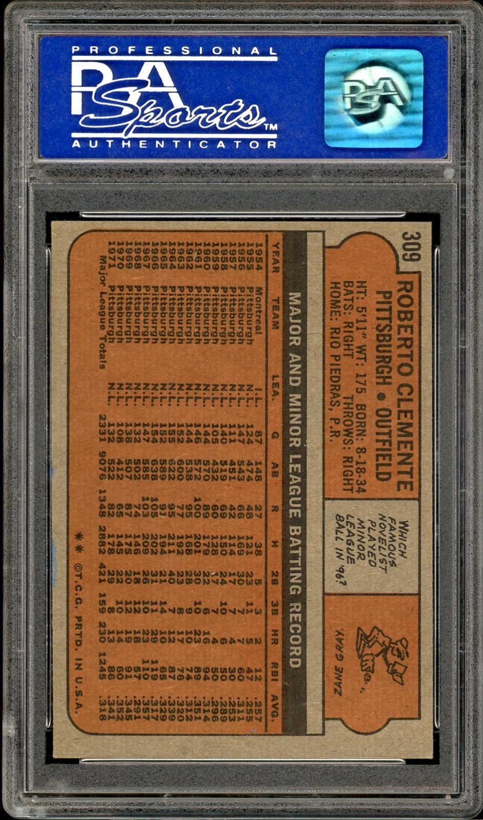 1972 Topps #309 Roberto Clemente HOF Pittsburgh Pirates PSA 7 NM view 2