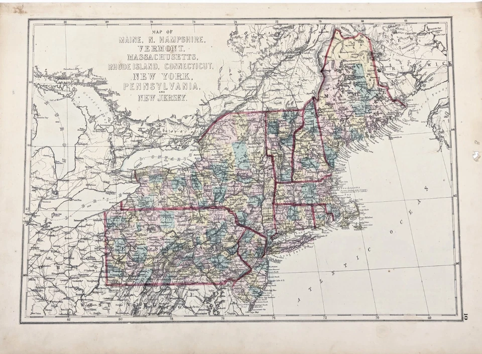 Mapa 1875 NUEVA INGLATERRA - NUEVA YORK - PENNSYLVANIA - MAINE Original (17x12) Foto 2 de 3