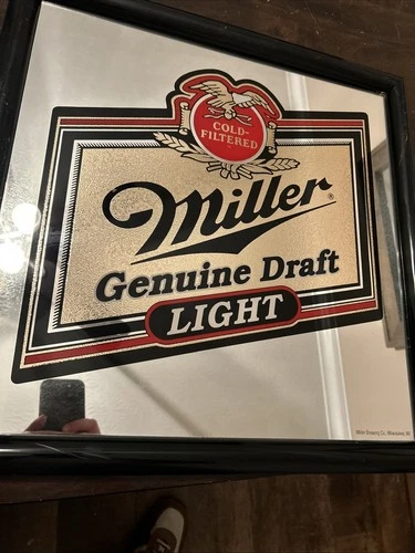 Vintage 1991 Miller Genuine Draft Light Beer-Mirrored Sign 20x20 Bar Man-Cave