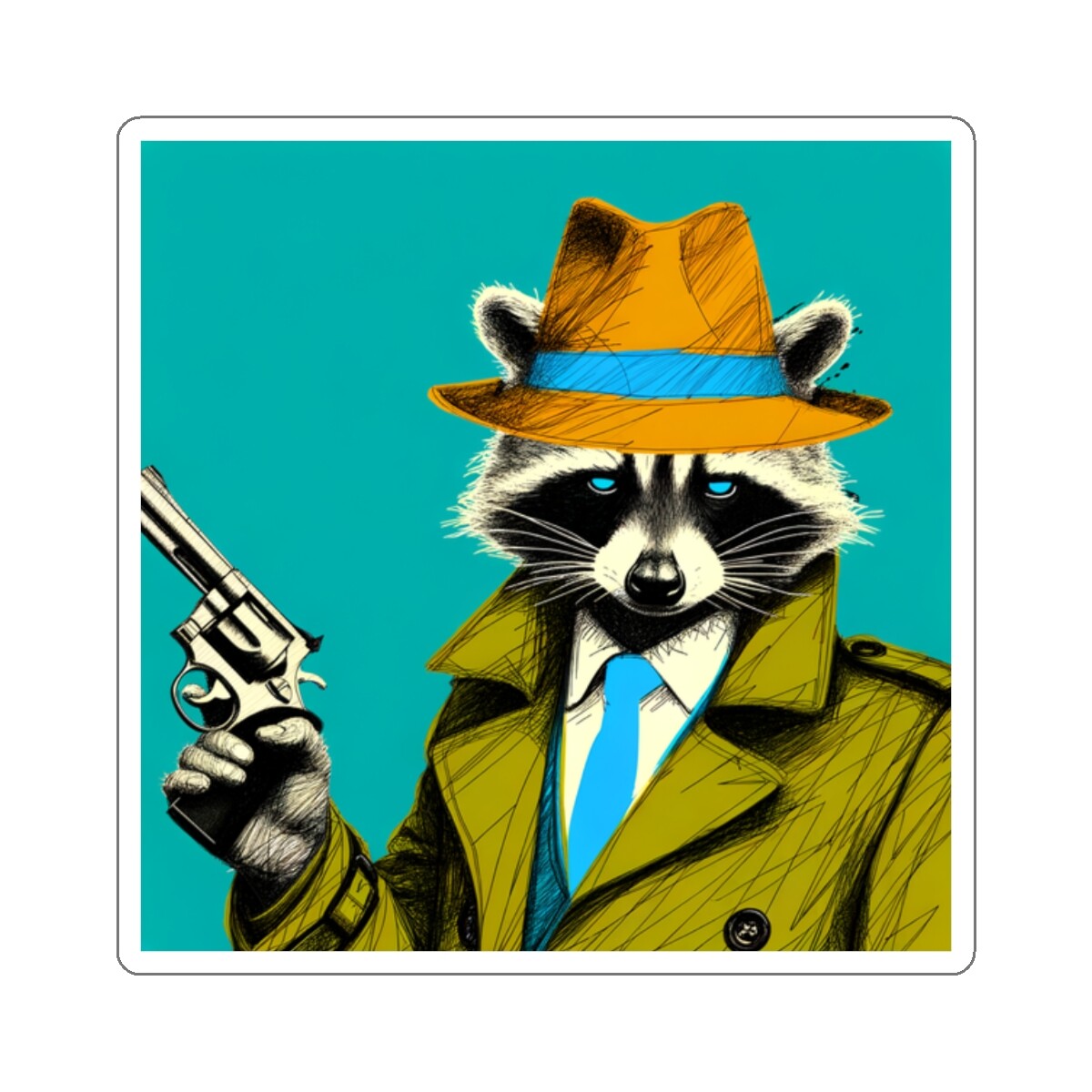 Sticker Raccoon Trench Coat Vintage Style Revolver 2x2 3x3 4x4 6x6