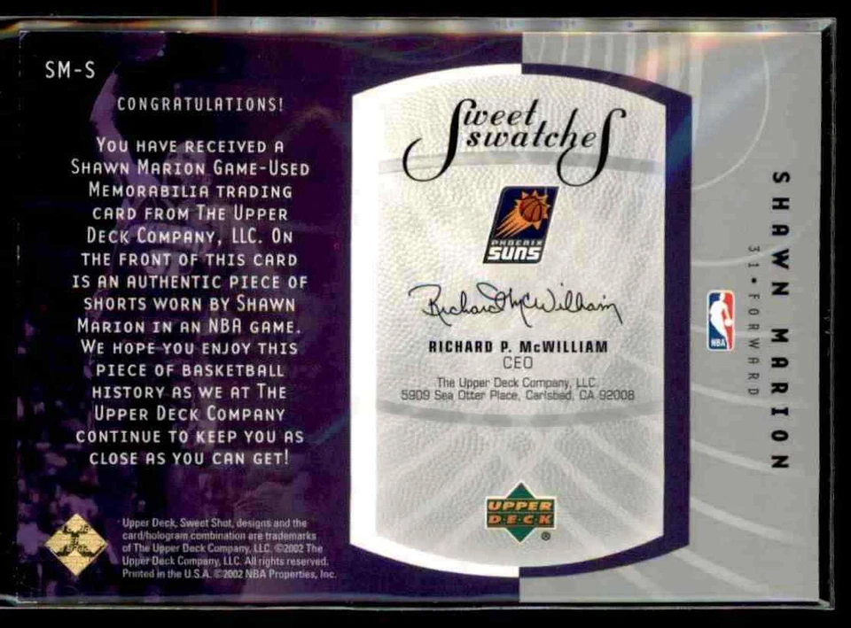 2002-03 Upper Deck Sweet Shot Sweet Swatches Phoenix Suns Shawn Marion   - Image 2 of 2