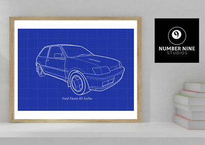 Ford Fiesta RS Turbo Artwork Illustration A3 Druck, signiert vom Künstler.