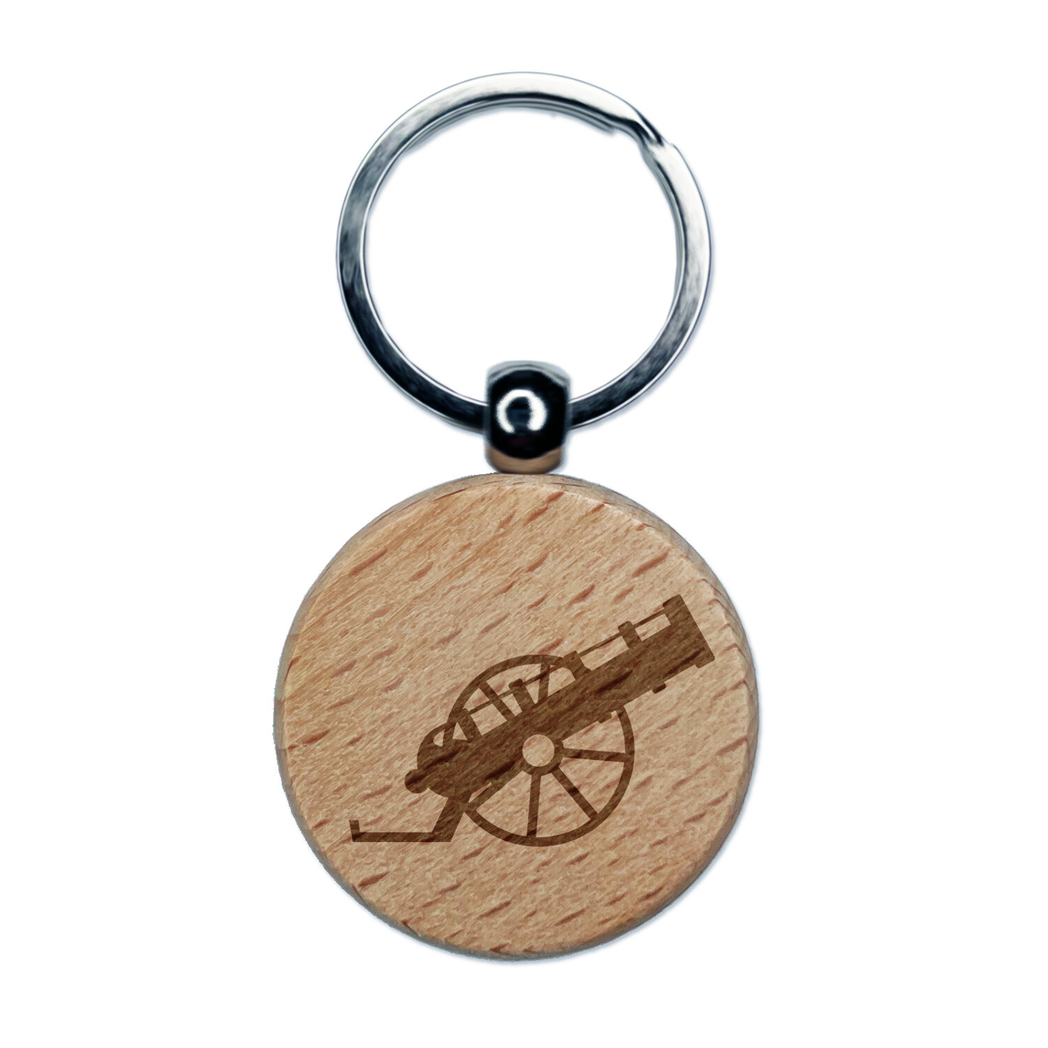 Medieval War Cannon Engraved Wood Round Keychain Tag Charm