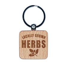 Locally Grown Herbs Gardening Engraved Wood Square Keychain Tag Charm