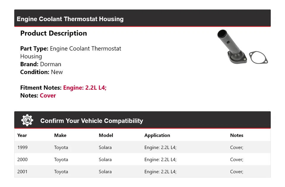 Carcasa termostato refrigerante motor Dorman 2,2 L L4 Toyota Solara 1999-2001 Foto 2 de 4