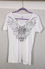 Affliction T shirt Womens XL White Silver Logo Beaded Racerback 100 Cotton Rock