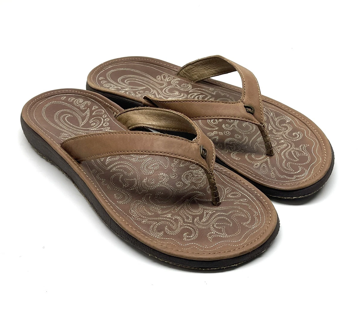 OLUKAI Paniolo Women's Brown Leather Thong Flip Flop Beach Sandals 38 US 8