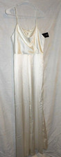 FASHION NOVA White Satin JUMPSUIT Flare Lined Spaghetti Strap Size L Womens NEW
