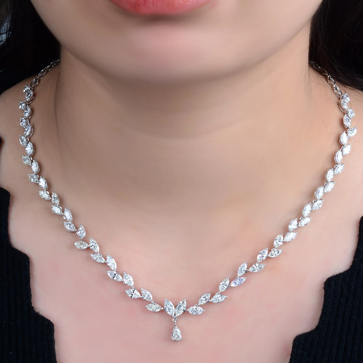 Real SI H Marquise Diamond Leaf Necklace 14k White Gold Birthday