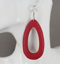 Red wood oval earrings big lightweight dangle wooden disc 3.75" long