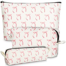 Teenyyou 3 Pieces Coquette Pink Bow Makeup Bag Cosmetic Women white, pink