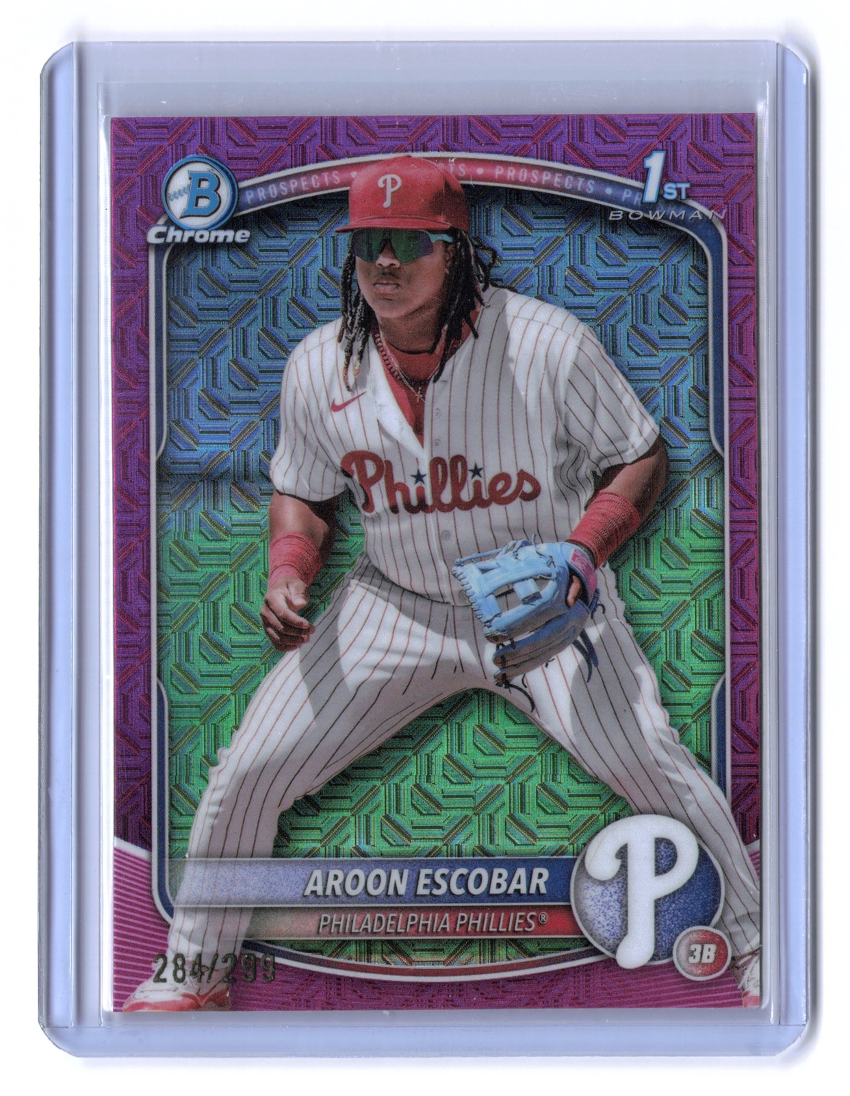 Aroon Escobar Chrome 1st (RC) Mojo Fuchsia Refractor #/299 2025 Bowman #BCP-65