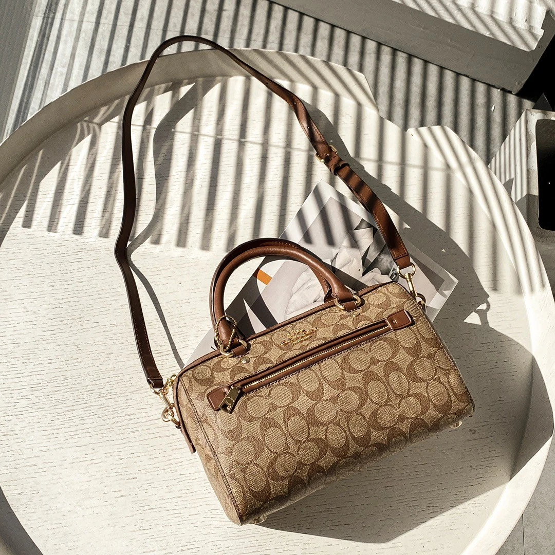 Coach F83607 Rowan borsa a tracolla kaki marrone oro firma tela pelle