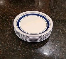 SET (6) Country Crock Blue, Tienshan 10 5/8" Dinner Plates. Blue Stripes w/Green