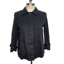 Norma Kamali Cropped Swing Coat 8 Black Lightweight Hidden Button Front