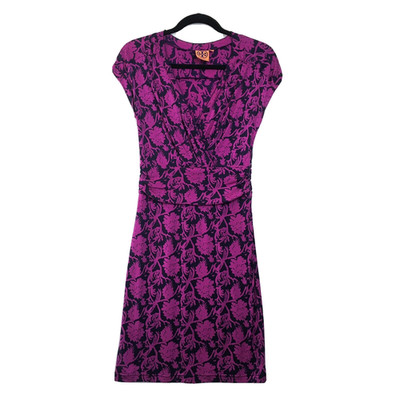 Tory Burch Women XS Dress Fuchsia Blue Purple Silk Jersey Knit Floral V Neck