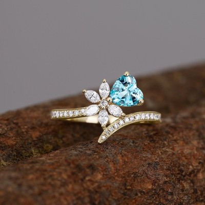 Heart Shape Aquamarine Ring Moissanite Gold Plated 925 Silver Ring Gift For Her