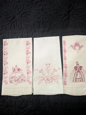 Beautiful Hand Embroidered Hand Towels Or Tea Towels Set of 3 Floral Design Vtg