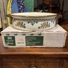 8.5 Inch Vintage ASTA German Floral Brass Handled Enamel Casserole No Lid Unused