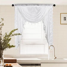 White Lace Waterfall Window Valance with Bead Tassels Floral Embroidered Valance