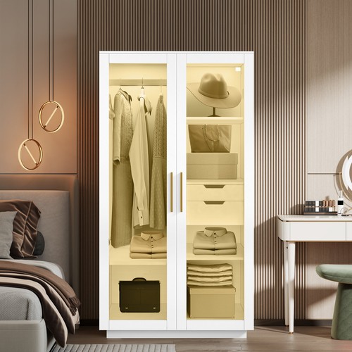 Wardrobe Cabinet LED Closet Clothes Organiser Storage Glass Door - Picture 4 of 11