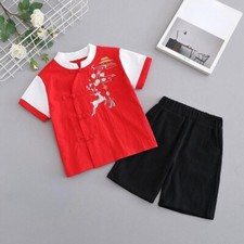 2Pcs Kid Boy Chinese Traditional Hanfu Tang Suit Short Sleeves Shirt Shorts Suit