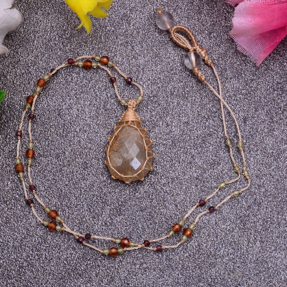 Natürlich Rutil Quarz Erstklassiges Checker Schliff Makramee Perlen Handgemacht - Bild 3 von 4