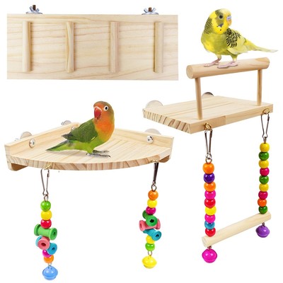 3PCS Bird Perches Platform Swing with Climbing Ladder Natural Wood Ladder Bun...