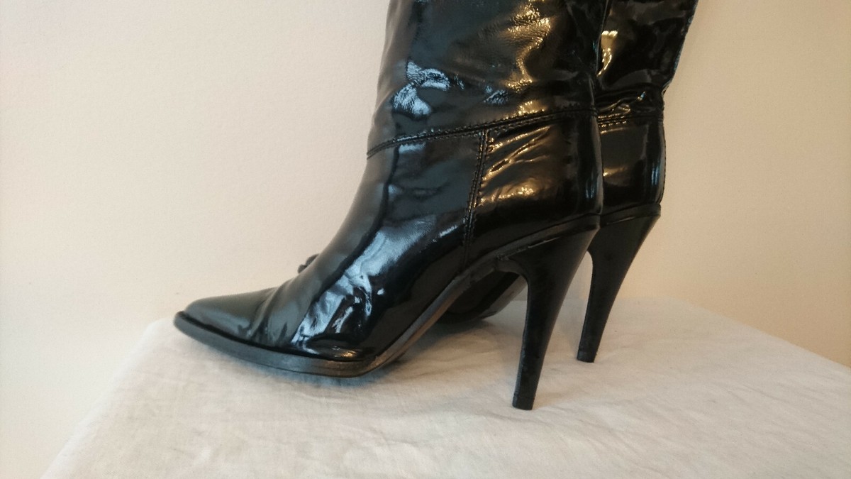 Bottes Vintage Veronique Branquinho Italie - Taille 37, Cuir Vernis Noir, Talon Aiguille 10cm (rare)